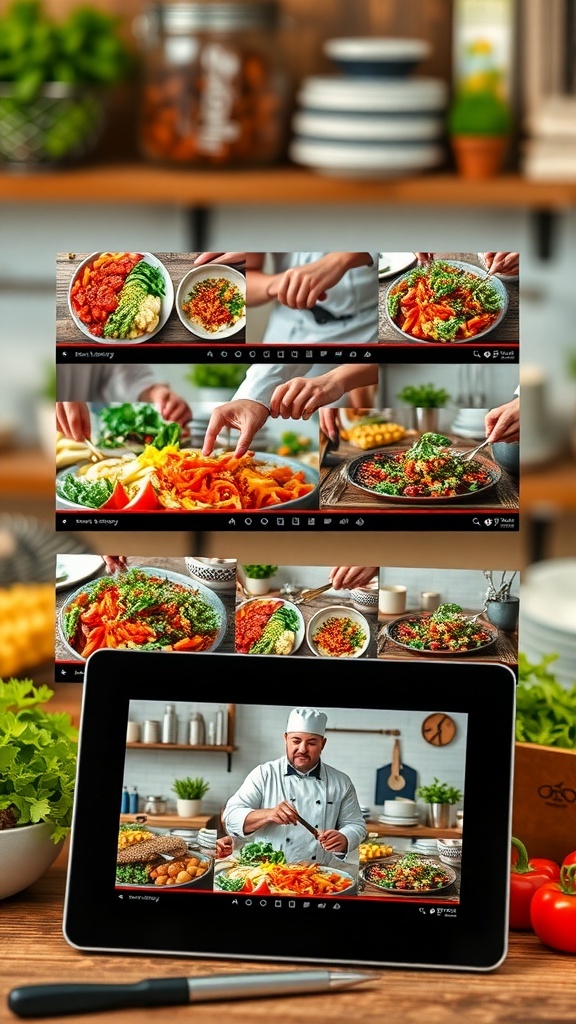 A tablet displaying recipe videos in a cozy kitchen setting with colorful ingredients.